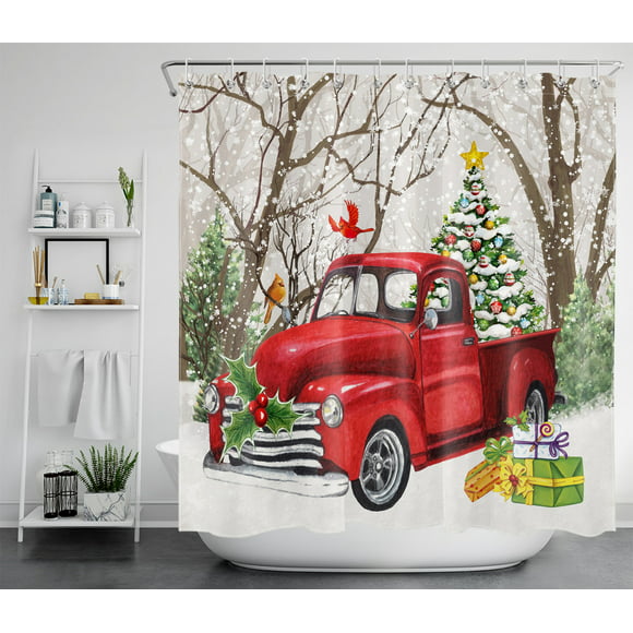 Xmas Decor Red Truck With Christmas Tree Fabric Bathroom Shower Curtain 71 Inch
